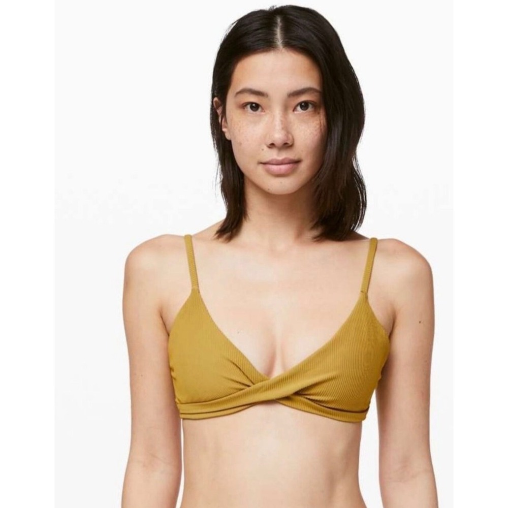 Lululemon Ribbed Twist Front Bikini Top Gold Green Ribbed Swim Size 4 6